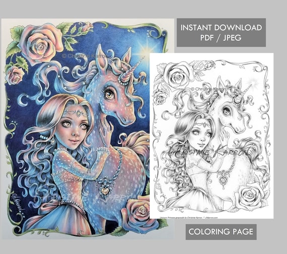 Unicorn princess coloring page grayscale instant download printable file jpeg and pdf instant download