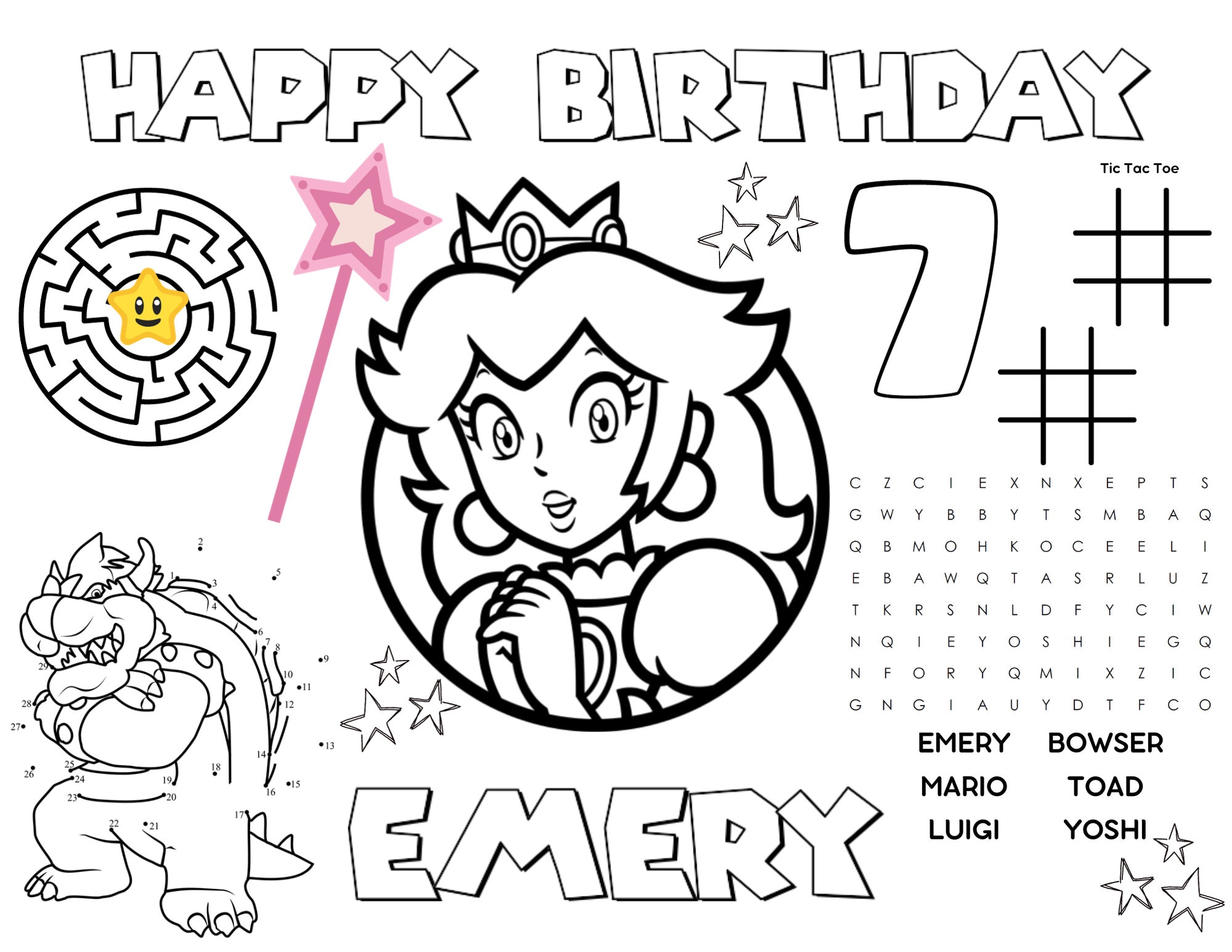 Princess peach super mario party coloring activity sheet placemat kids birthday party