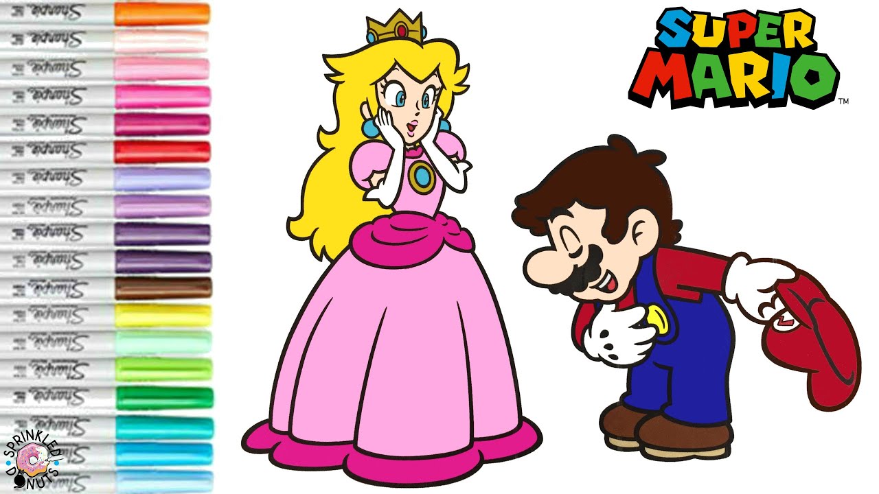 Super ario bros coloring book page princess peach and ario toad and toadette