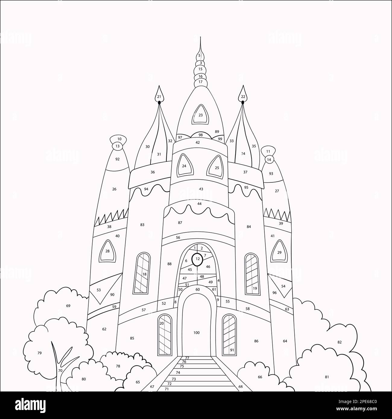 Coloring page for kids with castle palace color by numbers coloring book vector illustration mathematics educational children game stock vector image art