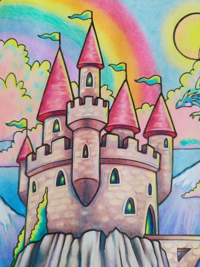 Finished castle coloring page in a childrens princess coloring book prismacolor pencils newsprint paper ð rcoloring