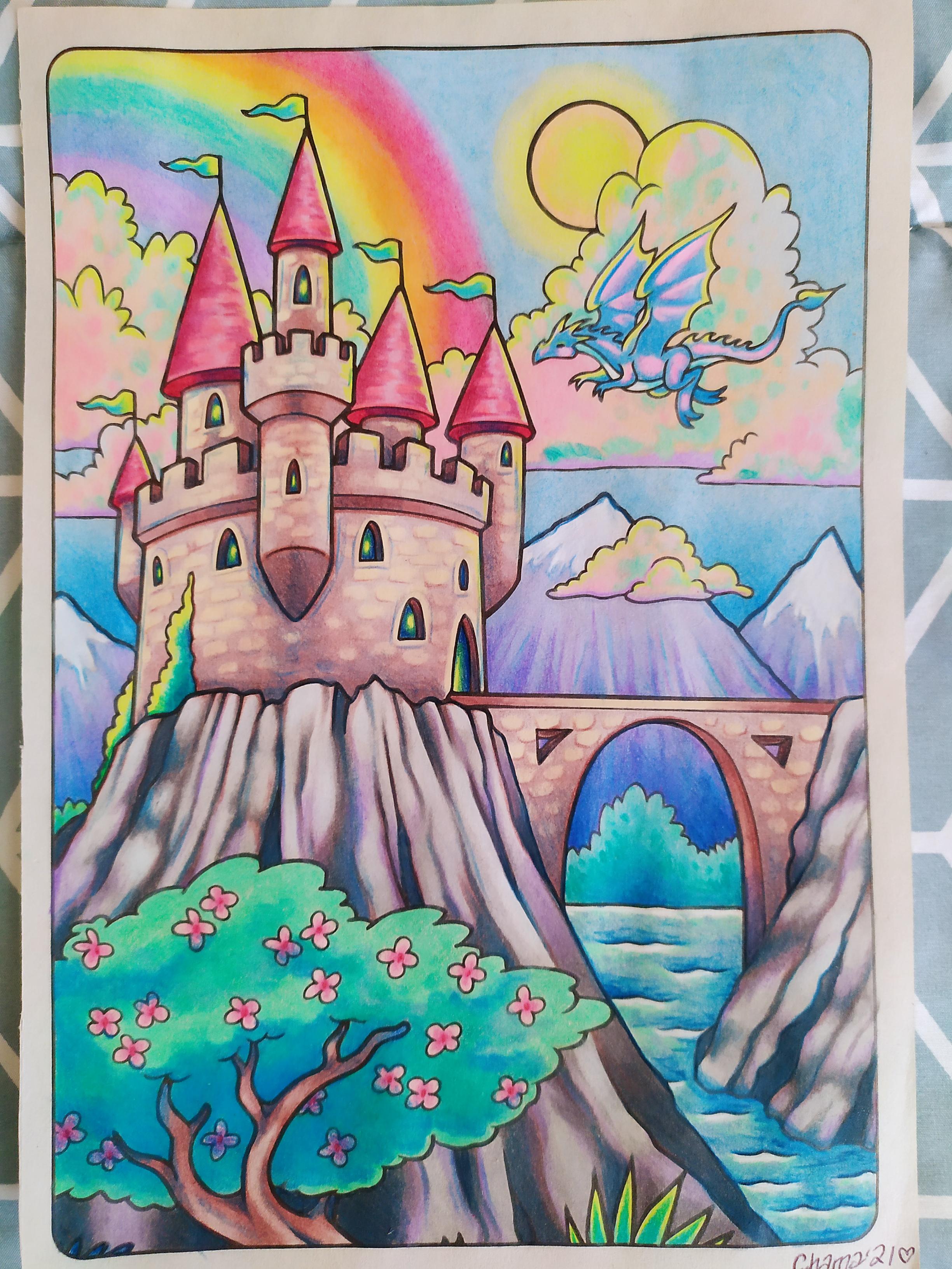 Finished castle coloring page in a childrens princess coloring book prismacolor pencils newsprint paper rcoloring