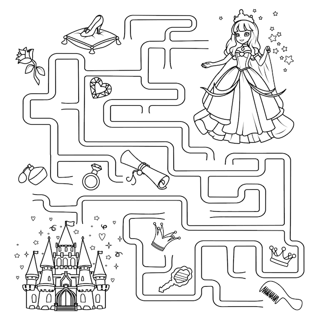 Premium vector puzzle for children labyrinth you need to find the princess way to the castle coloring book