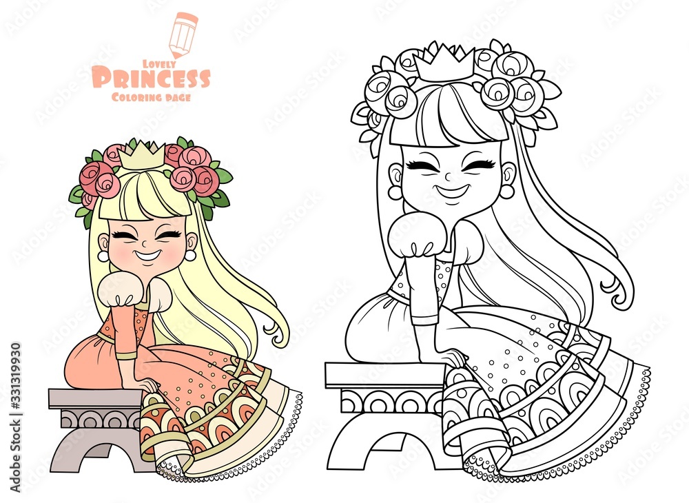 Funny princess in peach dress and flowers in hair sitting on a bench outlined and color for coloring book vector