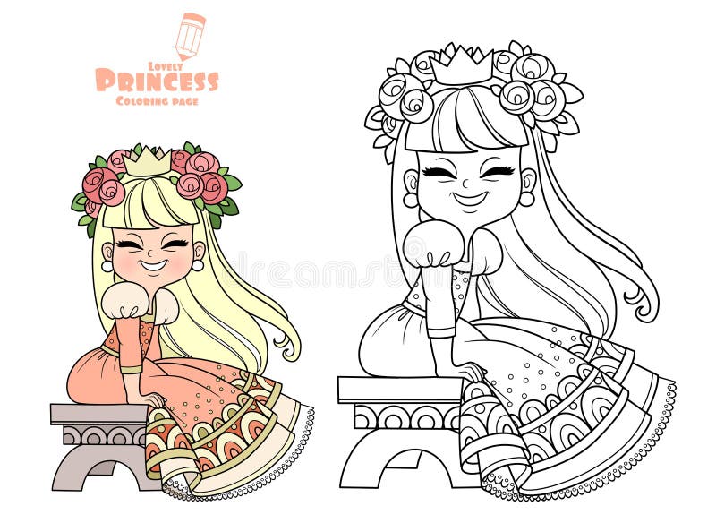 Funny princess in peach dress and flowers in hair sitting on a bench outlined and color stock vector