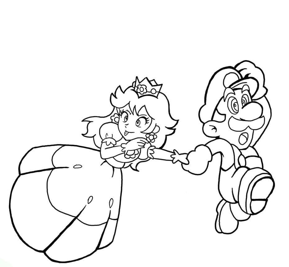 Mario is running with princess peach coloring page