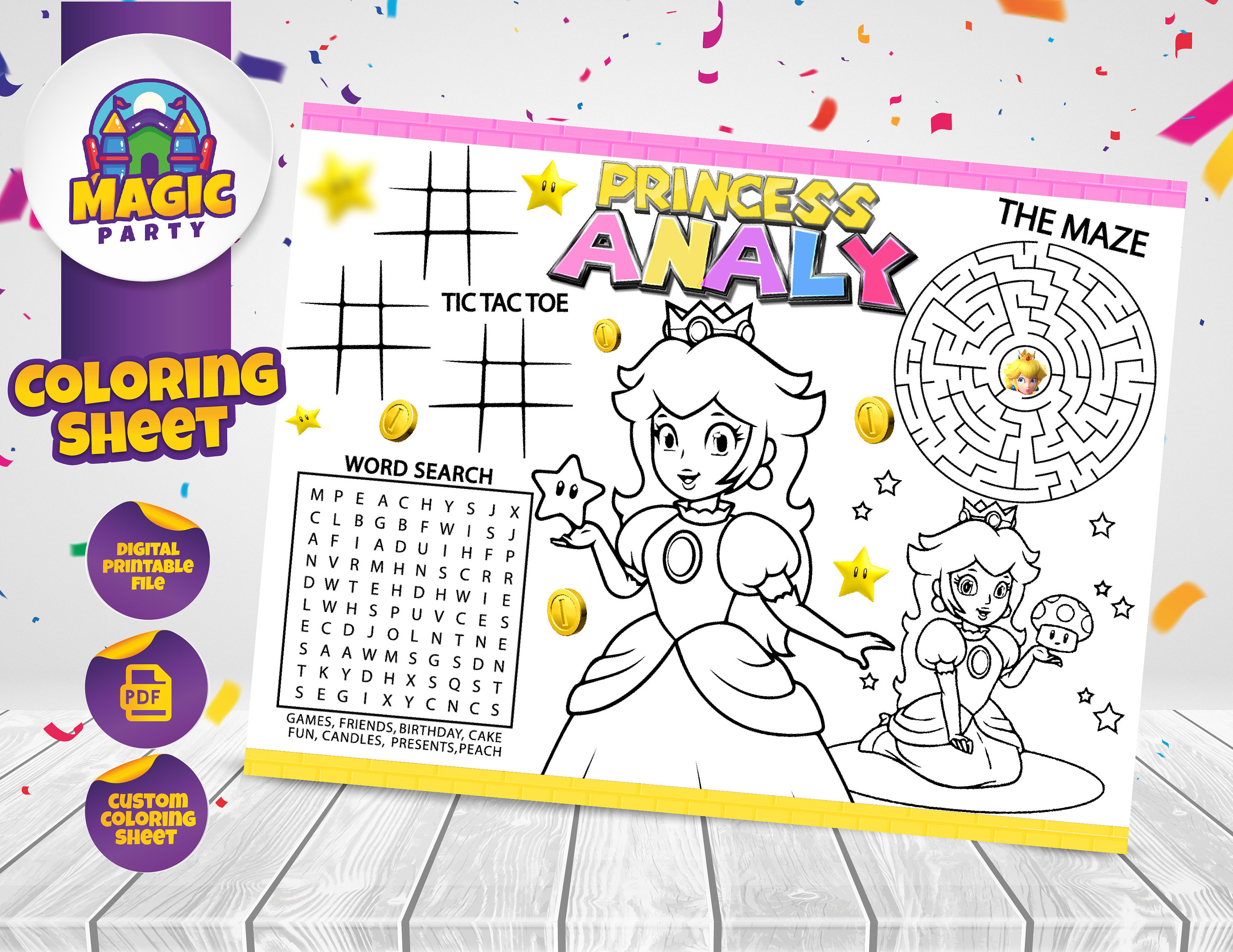 Princess peach coloring sheet party activity birthday printable personalized not instant download digital file