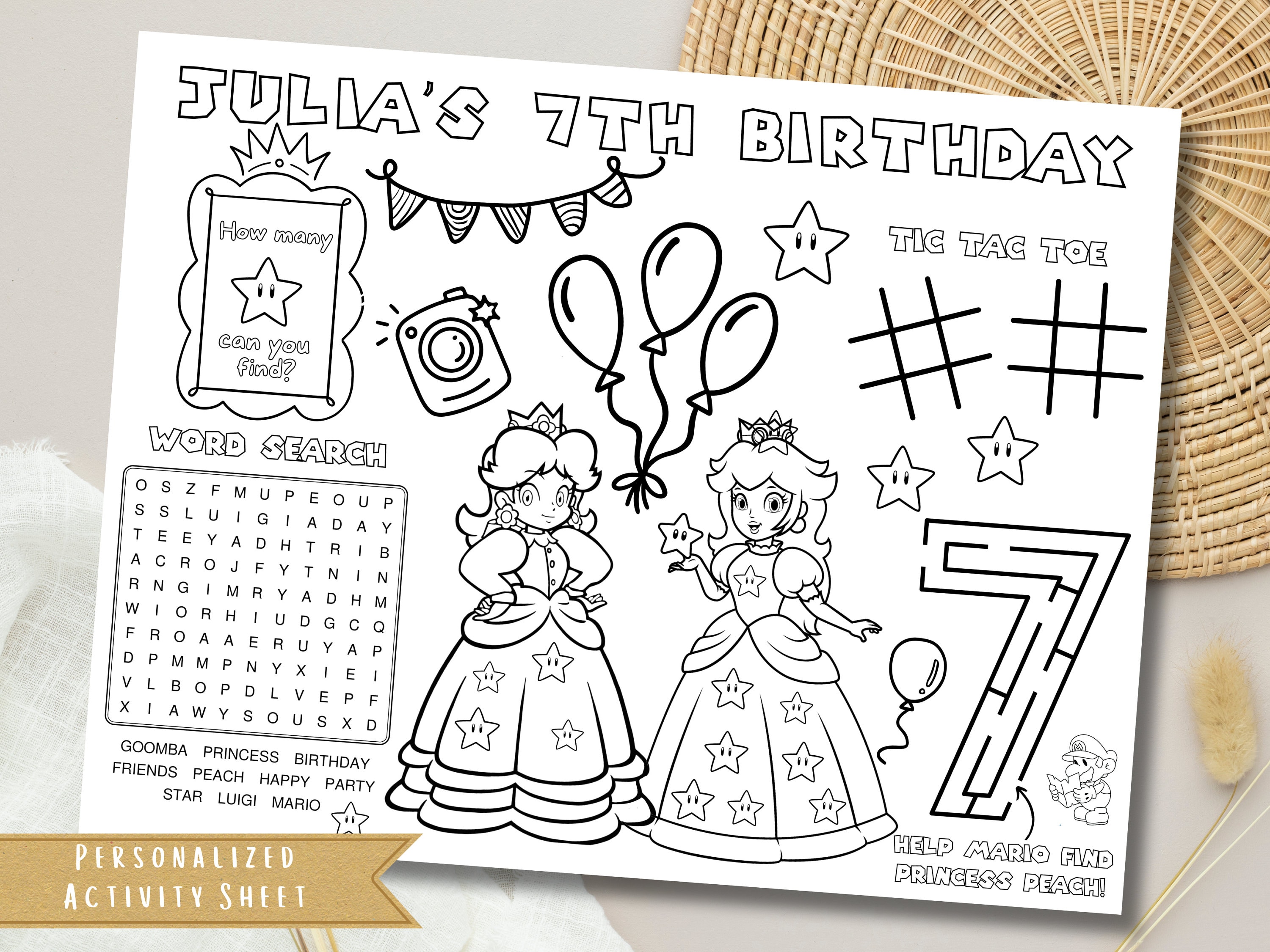 Party favor princess peach and daisy party activity sheet party placemat mario birthday party kids activity peach coloring sheet