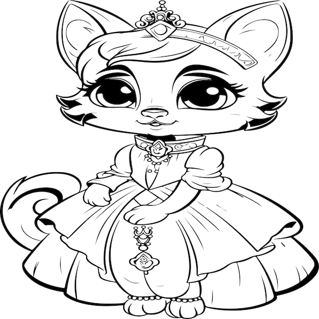 Premium vector princess cat coloring page