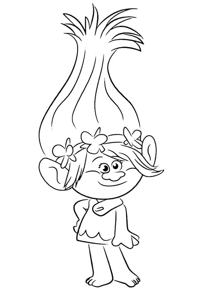 Cute troll girl in a dress coloring page