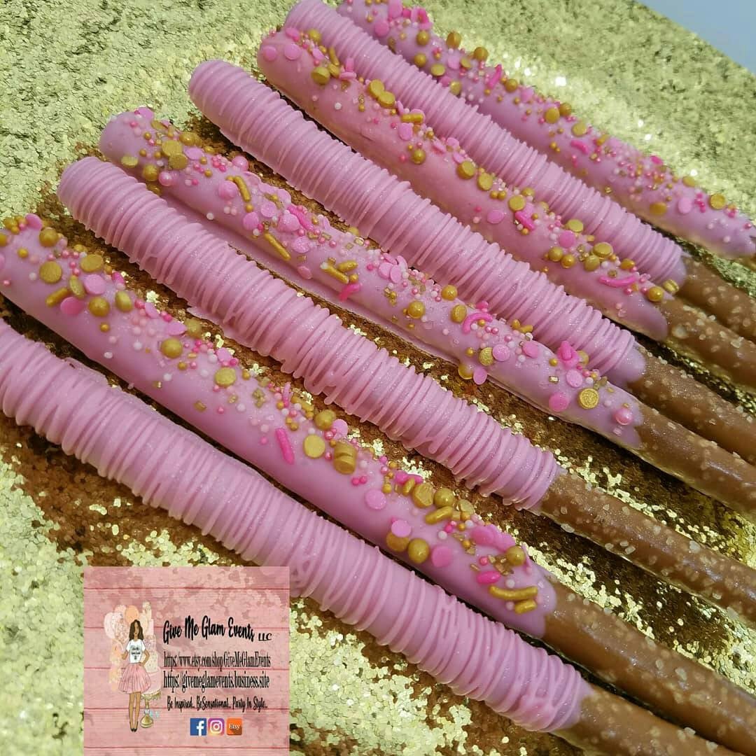 Little princess pink gold theme chocolate covered dipped pretzel rod â give me glam events creations