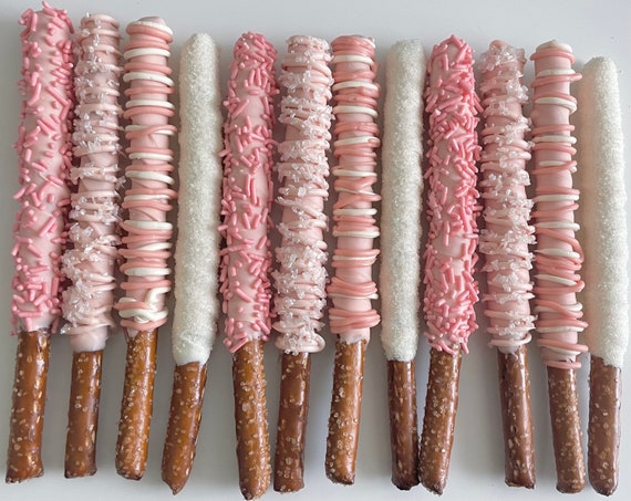 Pink and white chocolate covered pretzel rods favors perfect for princess parties baby girl shower bridal party dark and light pink