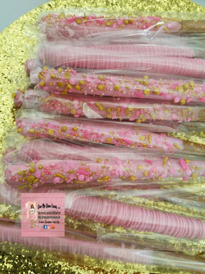 Little princess pink gold theme chocolate covered dipped pretzel rod â give me glam events creations