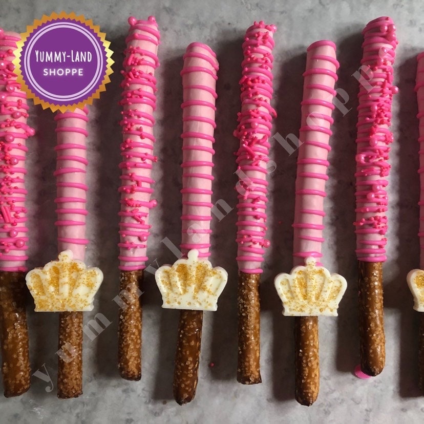 Dozen gourmet pink princess crown chocolate covered pretzel rods pink gifts party treats sweet treats party favors gift pink