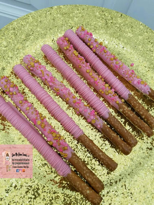 Little princess pink gold theme chocolate covered dipped pretzel rod â give me glam events creations