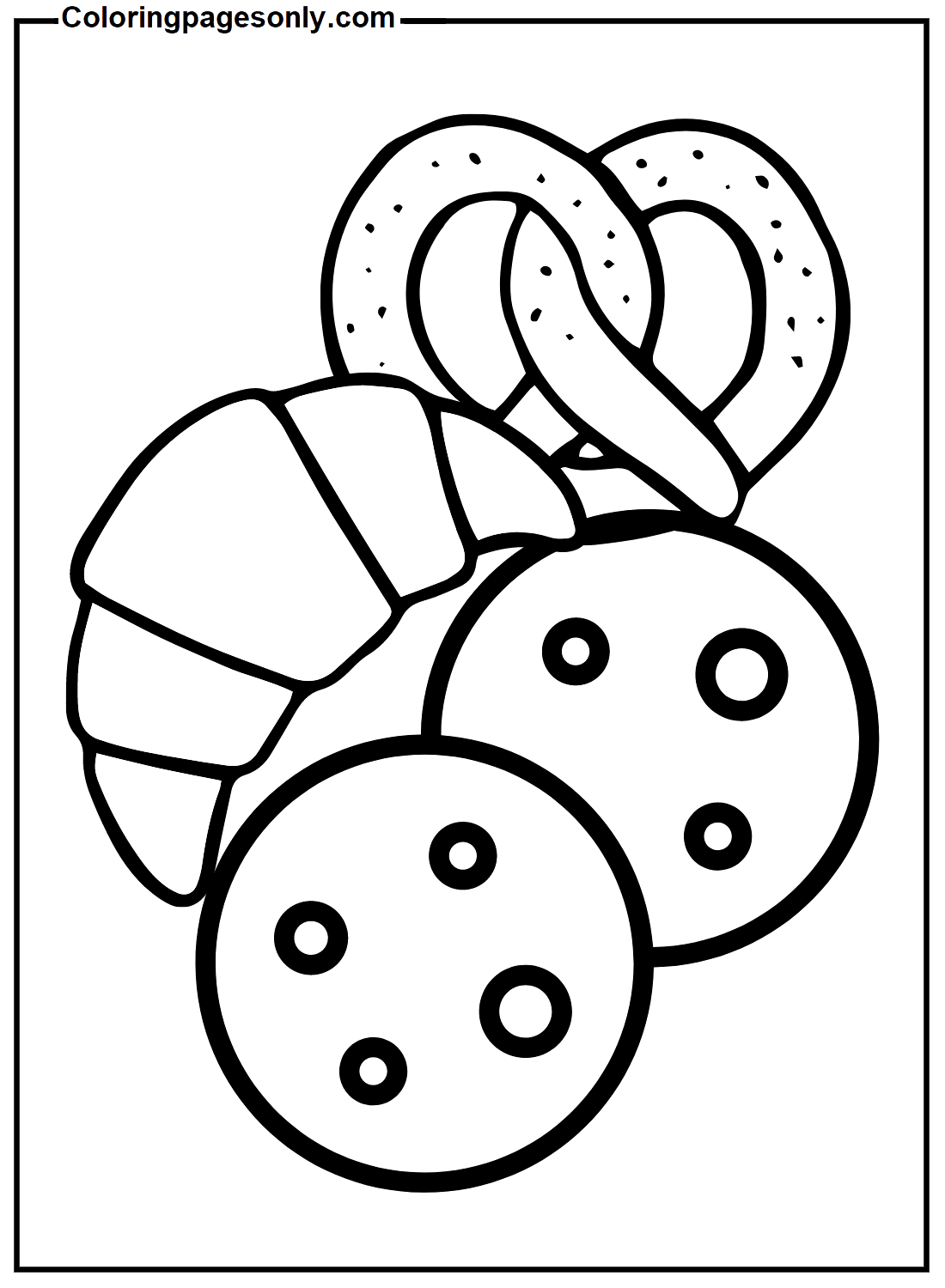 Croissant with pretzel and cookie coloring page