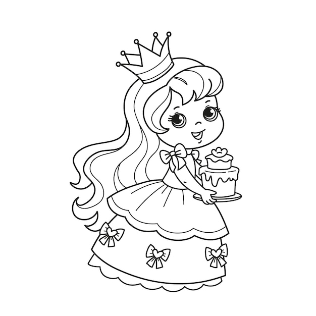 Premium vector cartoon character cute little princess in beautiful dress and crown holding a cake coloring page