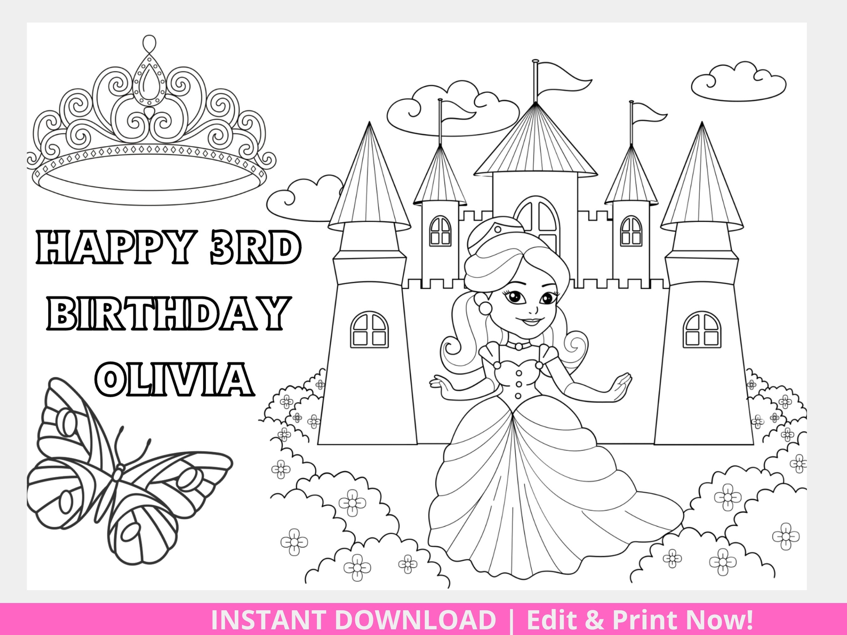 Princess coloring page personalized activity sheet a once upon a time theme party bag coloring sheet print at homedigital download download now