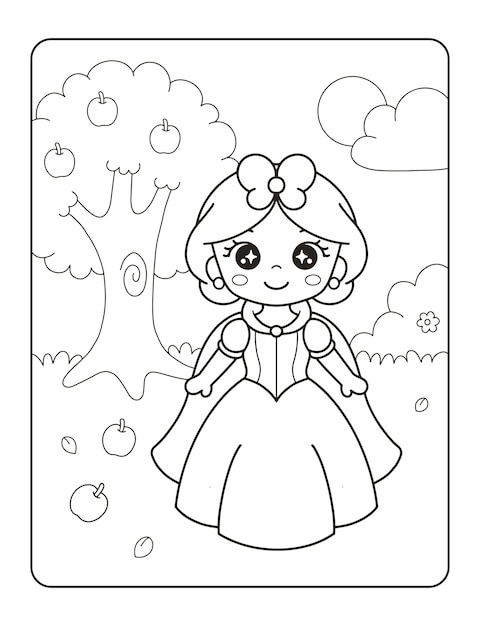 Premium vector beautiful princess with apple tree printable coloring page