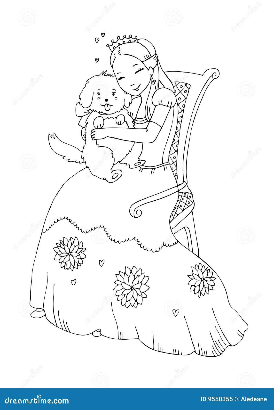 Princess with dog coloring page stock illustration