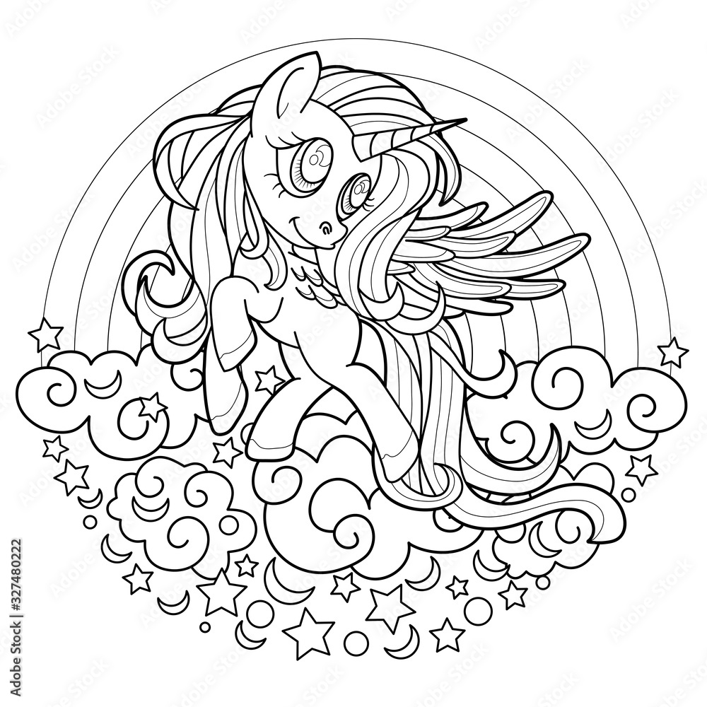 Black line cute rainbow unicorn for coloring book or page black and white beautiful pony princess character vector illustration isolated on white outlined for design prints posters vector