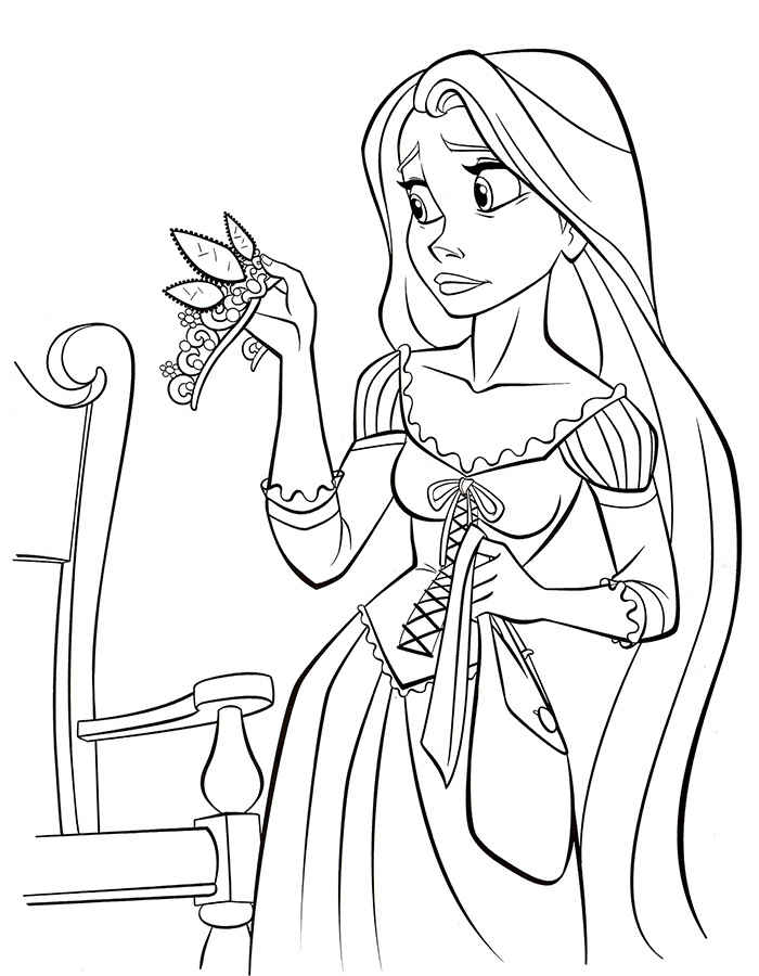 Drawing of princess rapunzel with a crown from tangled coloring page