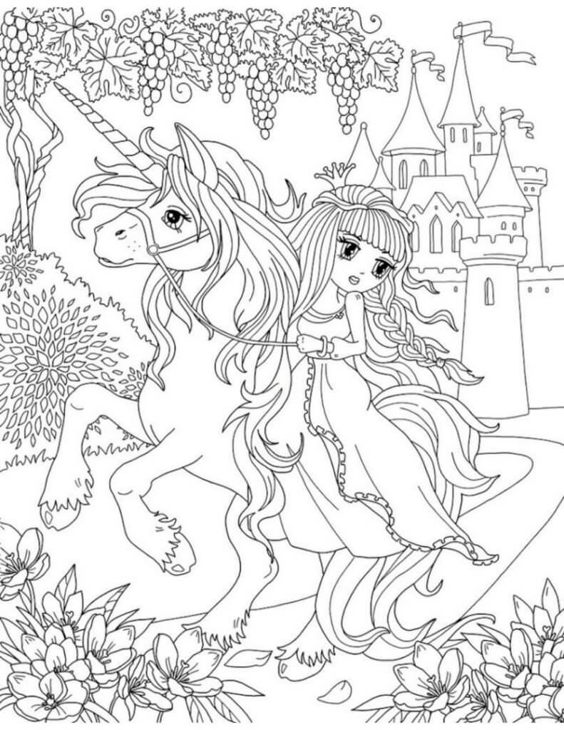 Princess riding unicorn coloring page