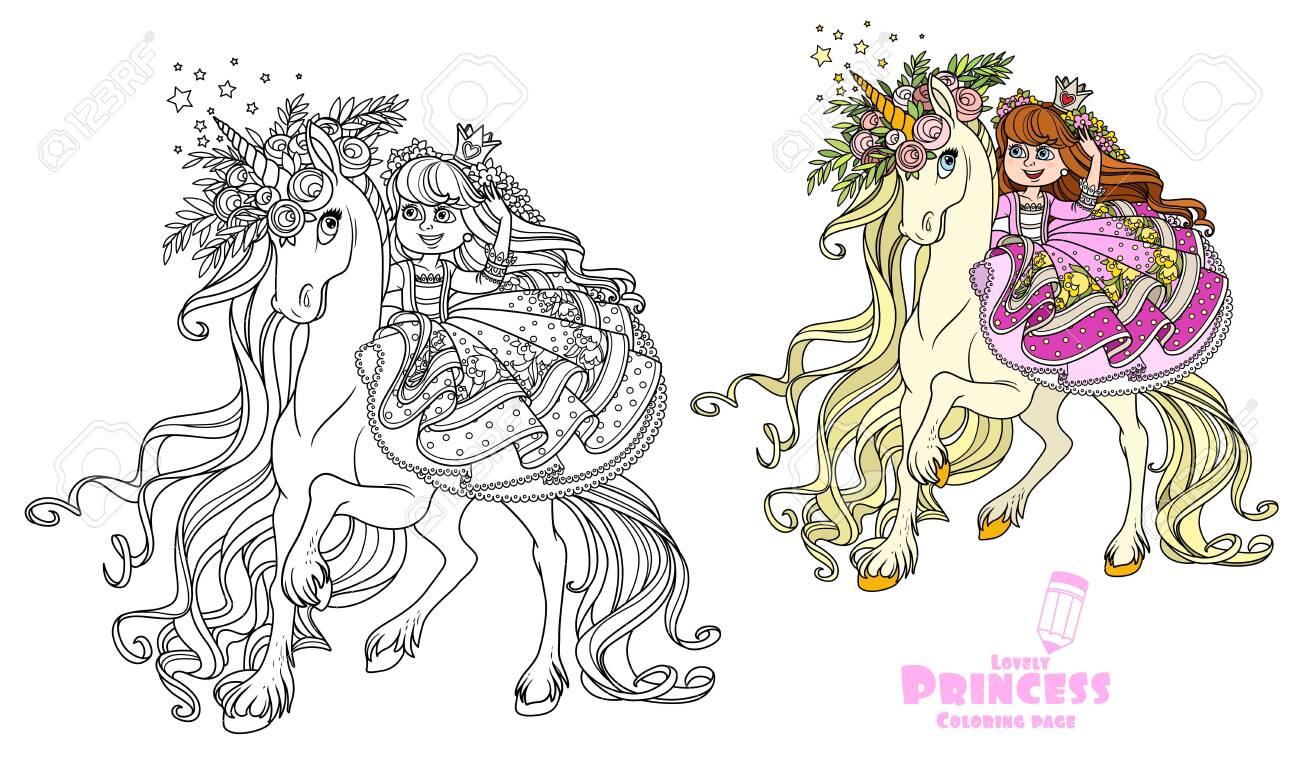 Beautiful princess rides on the back of a unicorn in a wreath of roses color and outlined picture for coloring book on white background royalty free svg cliparts vectors and stock illustration