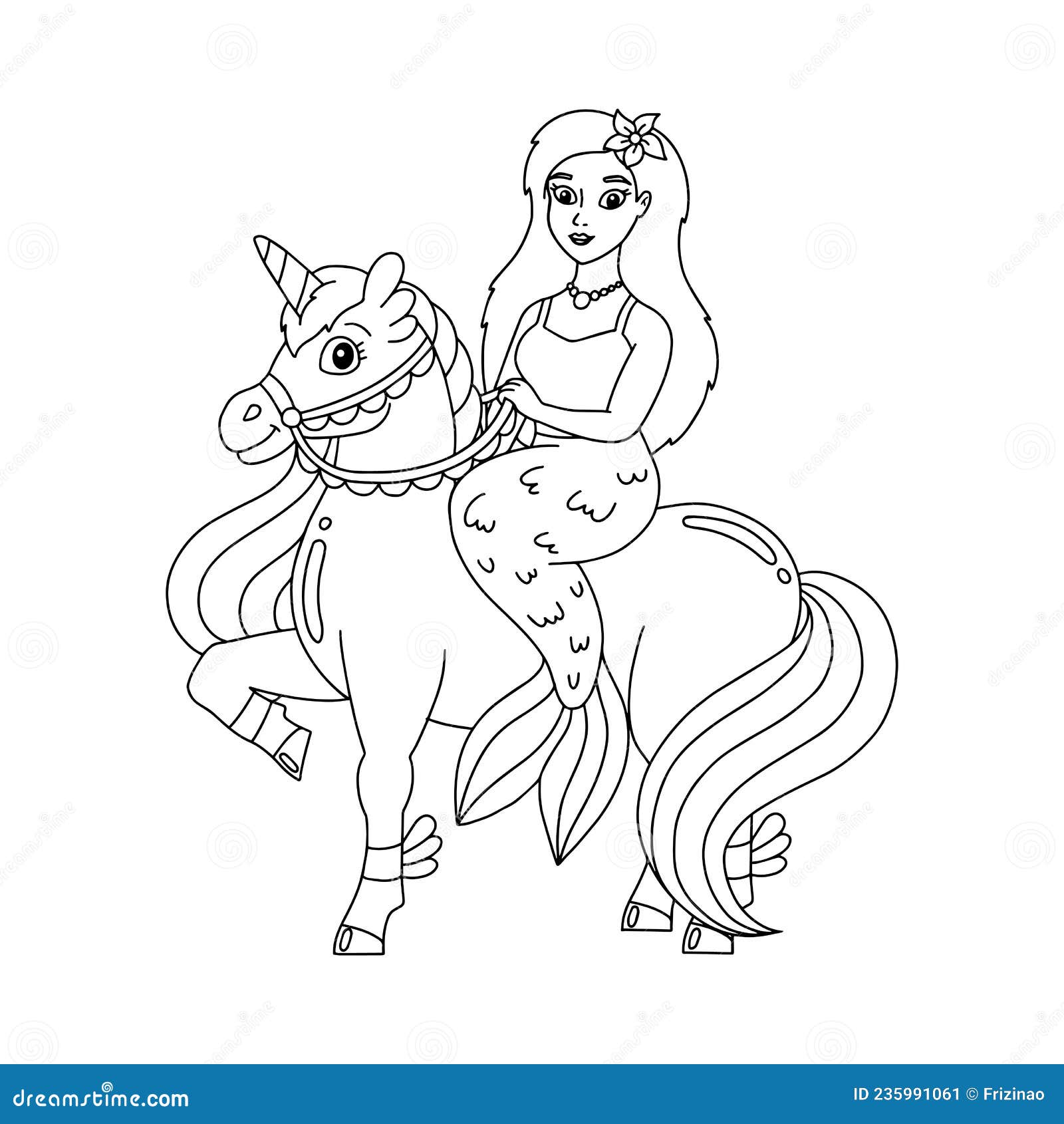 A mermaid rides a unicorn coloring book page for kids cartoon style character stock vector