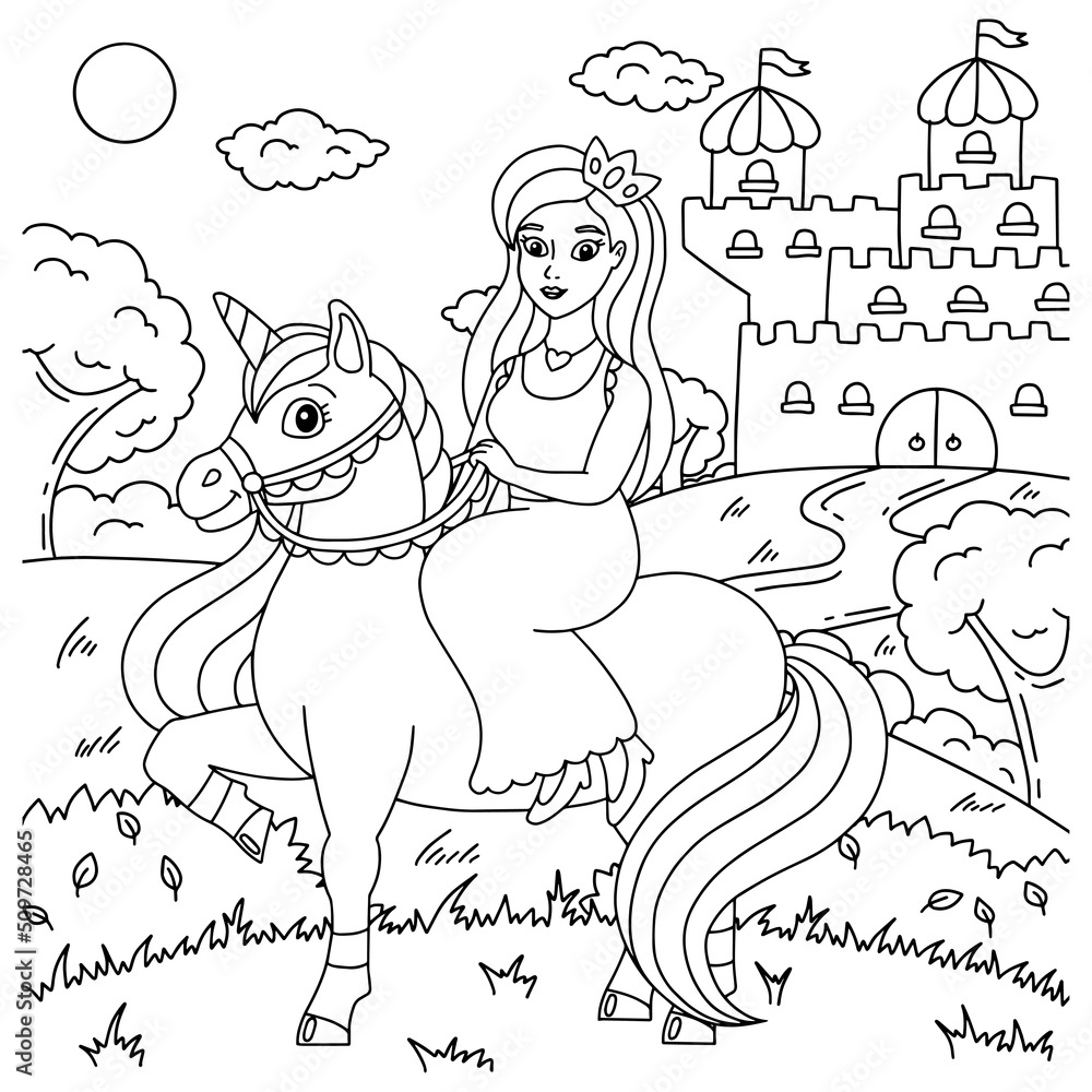 The princess is riding a unicorn coloring book page for kids cartoon style character vector illustration isolated on white background vector