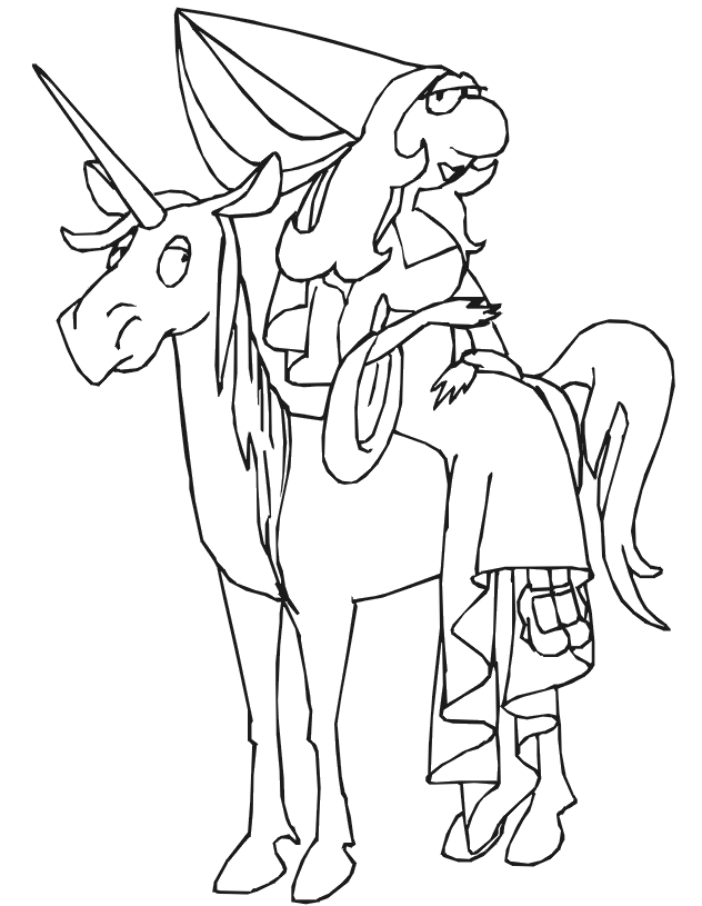 Princess coloring page big nosed princess on unicorn