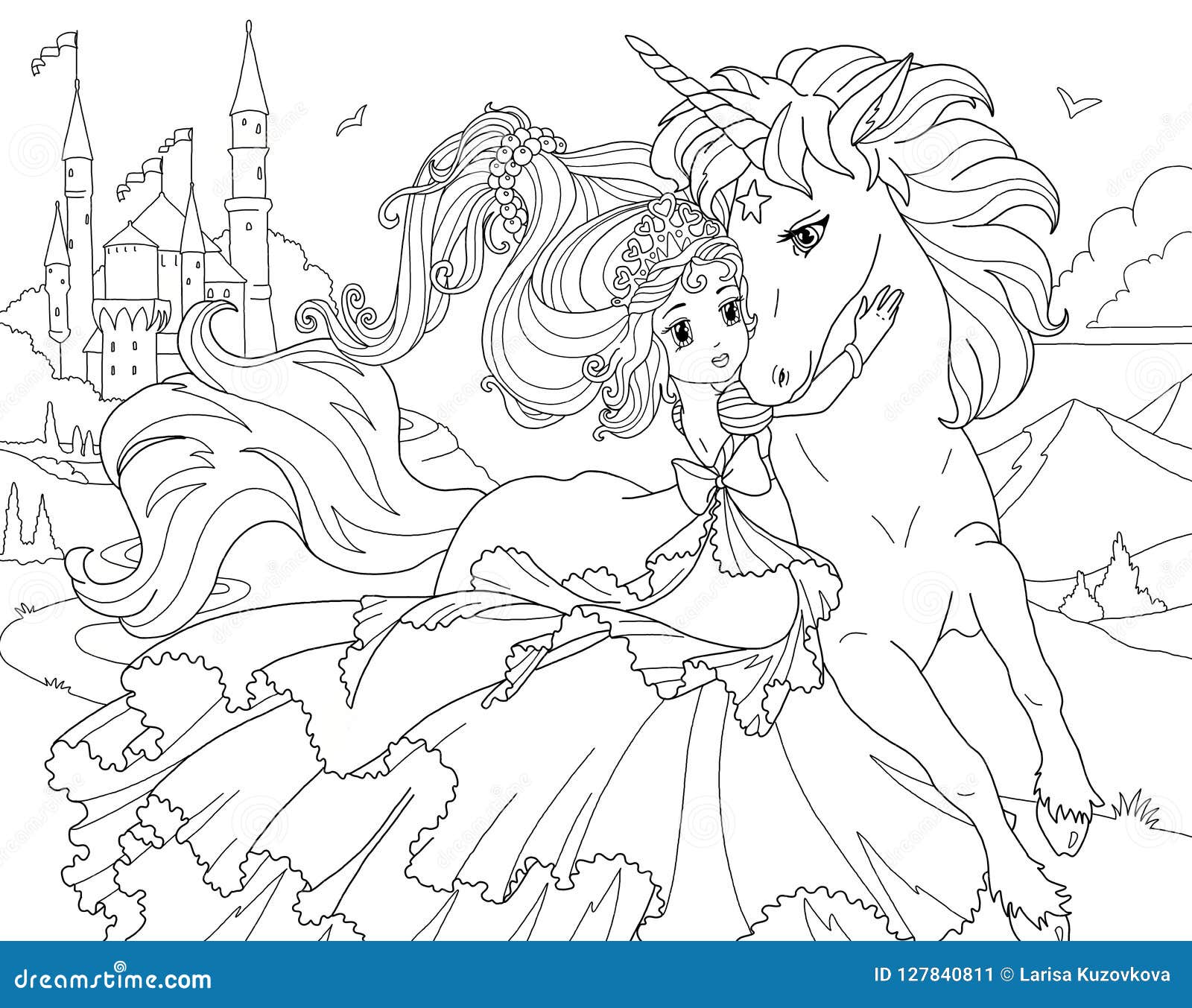 Coloring page the unicorn and princess stock illustration