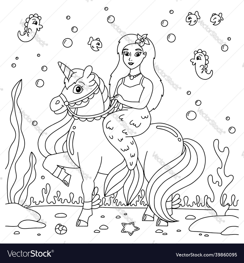 A mermaid rides unicorn coloring book page vector image