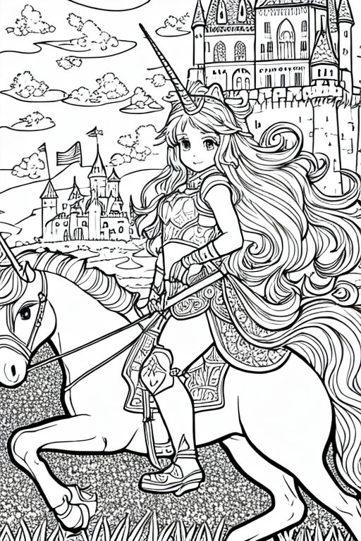 Beautiful grown up fairy riding a big unicorn coloring page