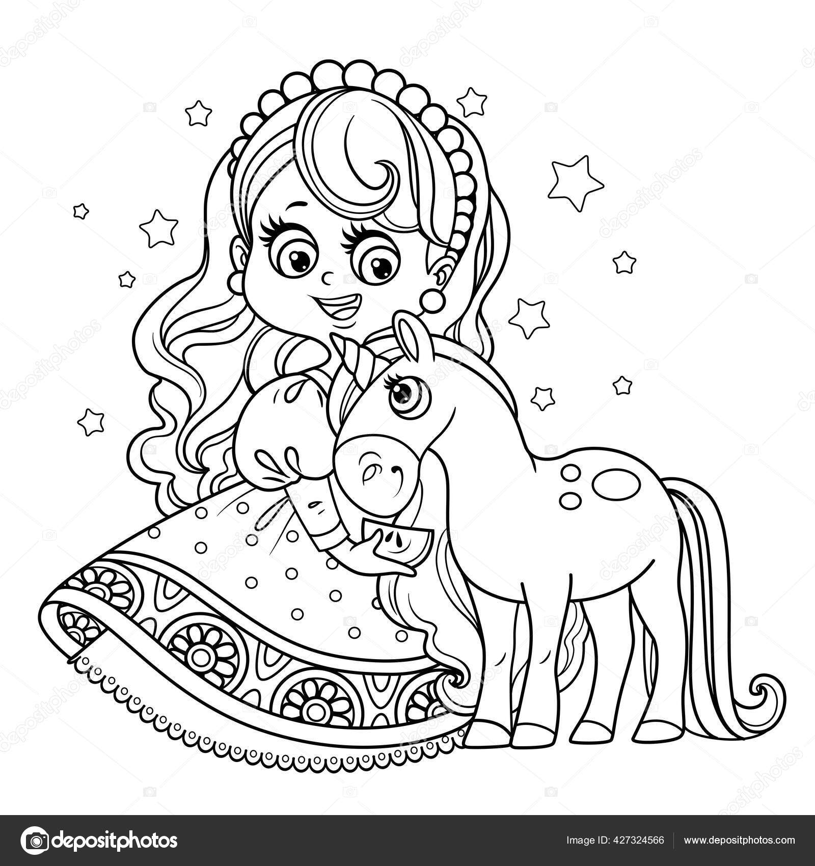 Cute princess ball dress unicorn baby outlined coloring book stock vector by yadviga