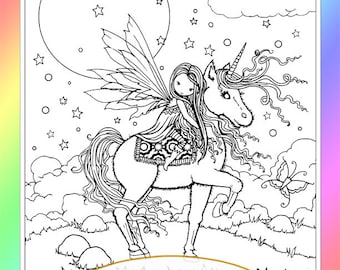 Little fairy riding unicorn instant download digital stamp coloring page digistamp printable molly harrison