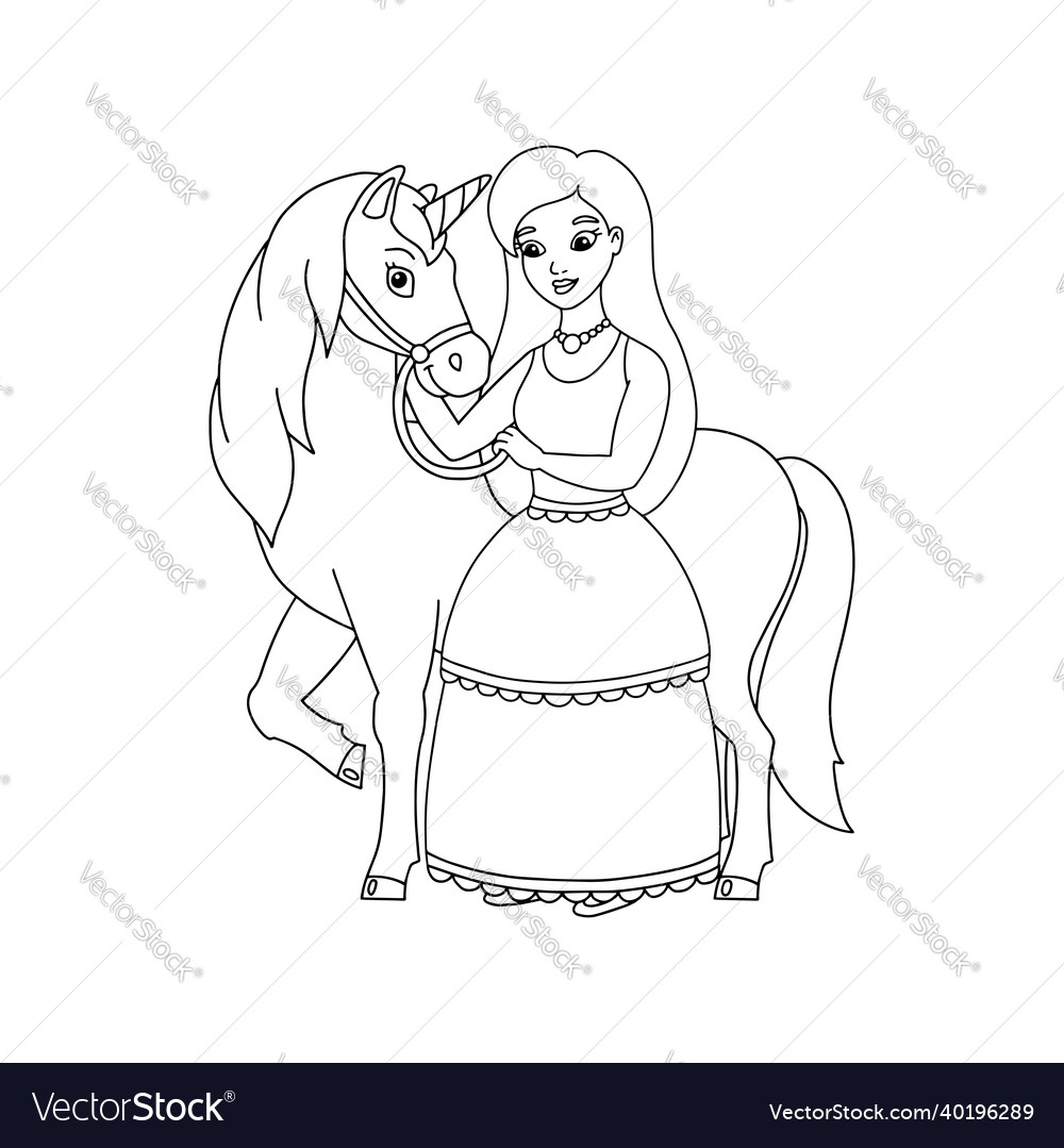 Princess and the unicorn coloring book page vector image