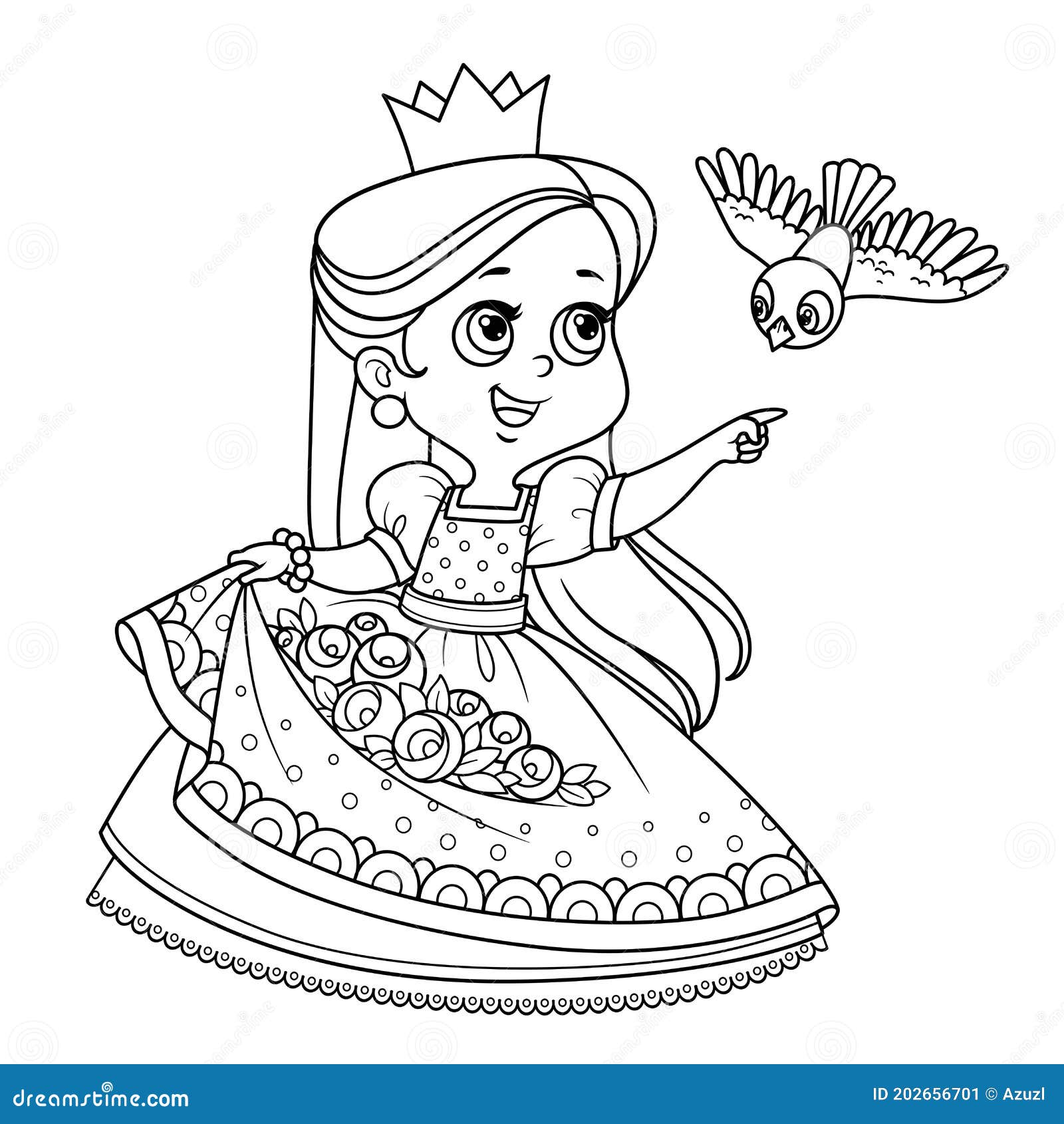 Princess with roses flowers in the hem and bird flying to the meeting outlined for coloring book stock vector