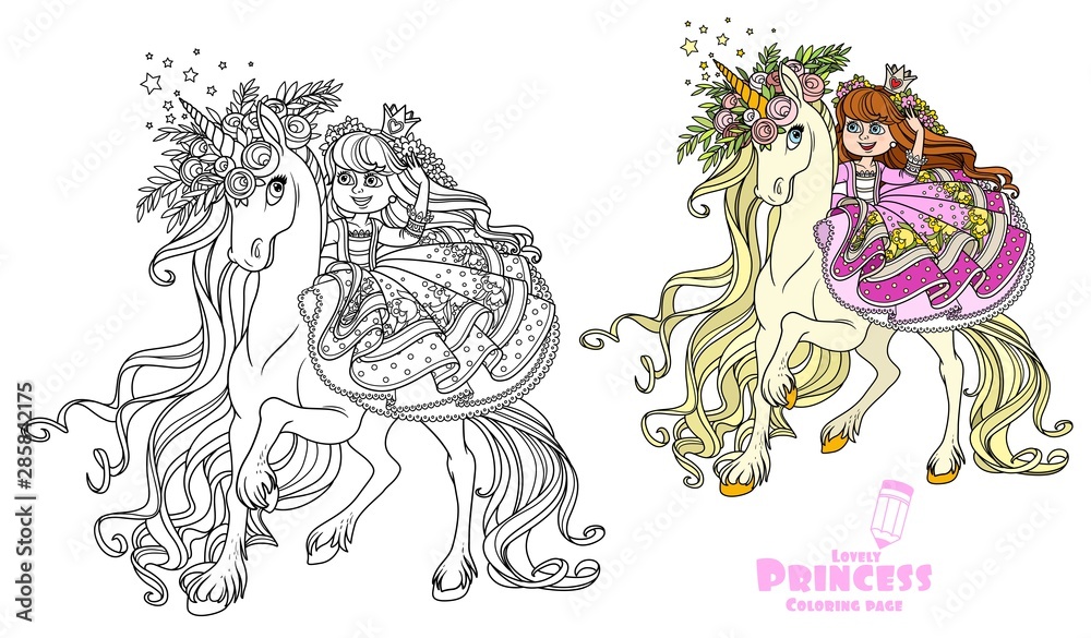 Beautiful princess rides on the back of a unicorn in a wreath of roses color and outlined picture for coloring book on white background vector