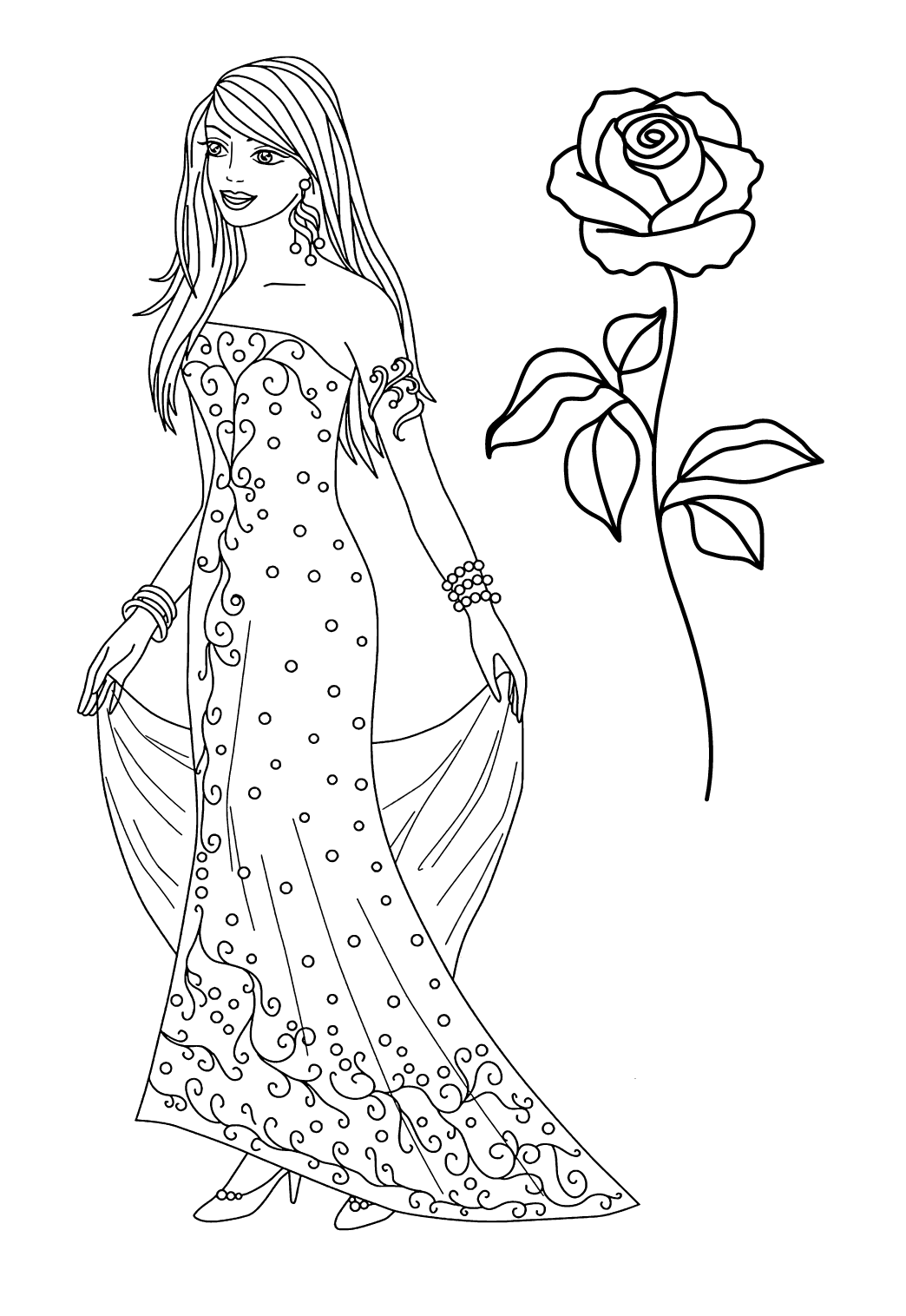 Free printable princess rose coloring page for adults and kids