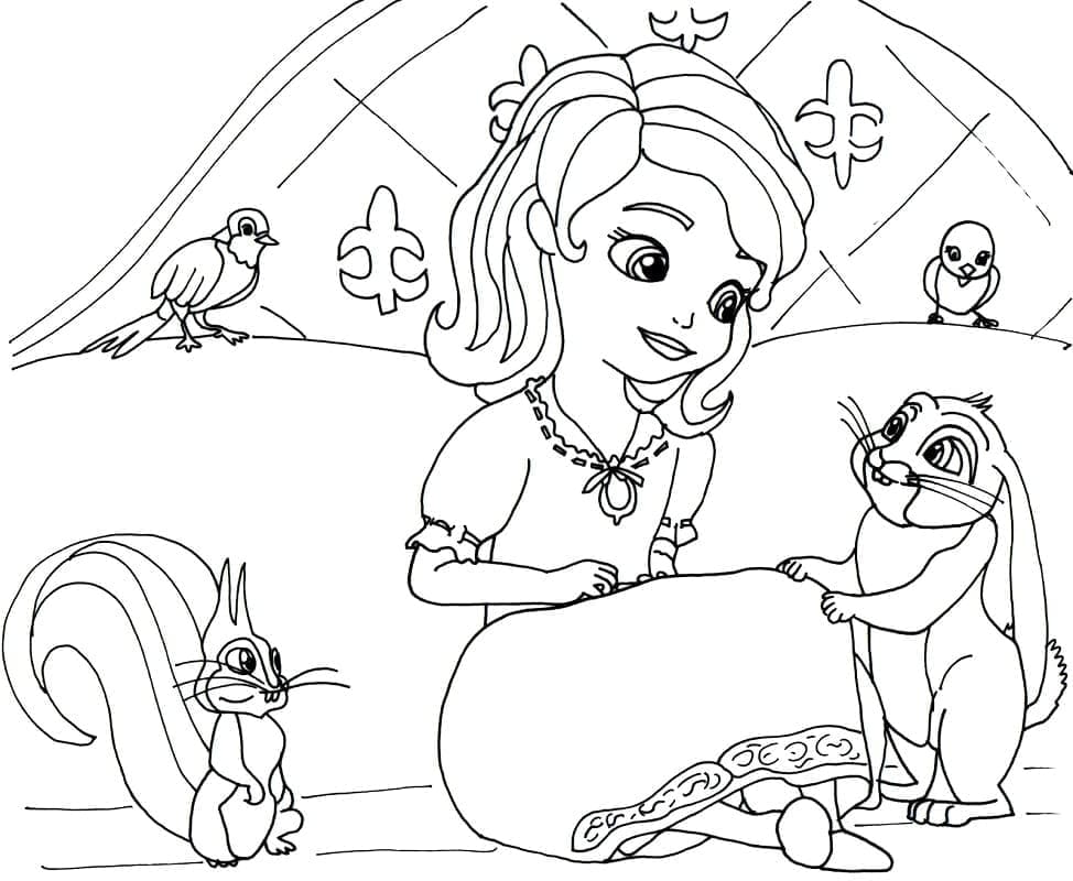 Princess sofia and animals coloring page