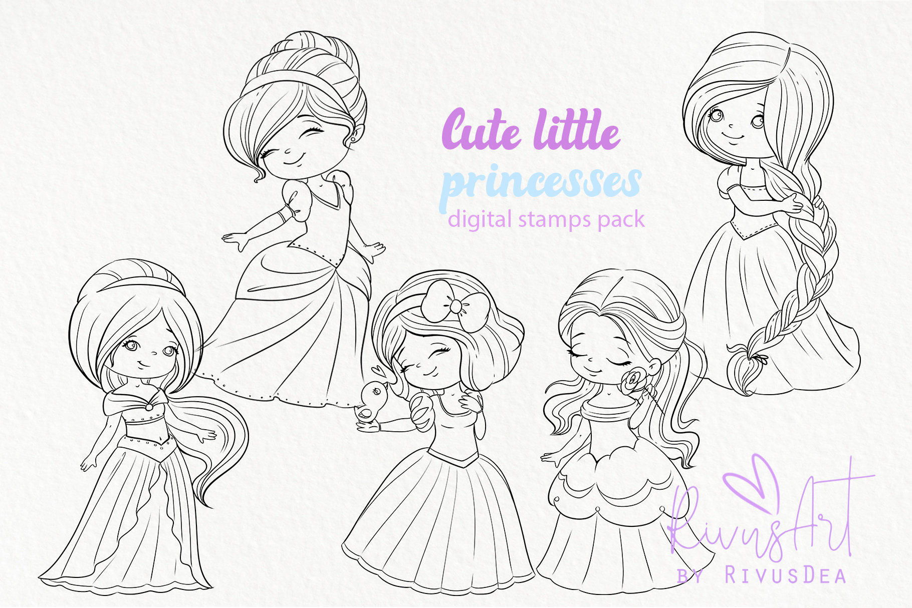 Princess coloring pages digital stamps princesses fairytales girl birthday decor diy clip art game laser cut line art download