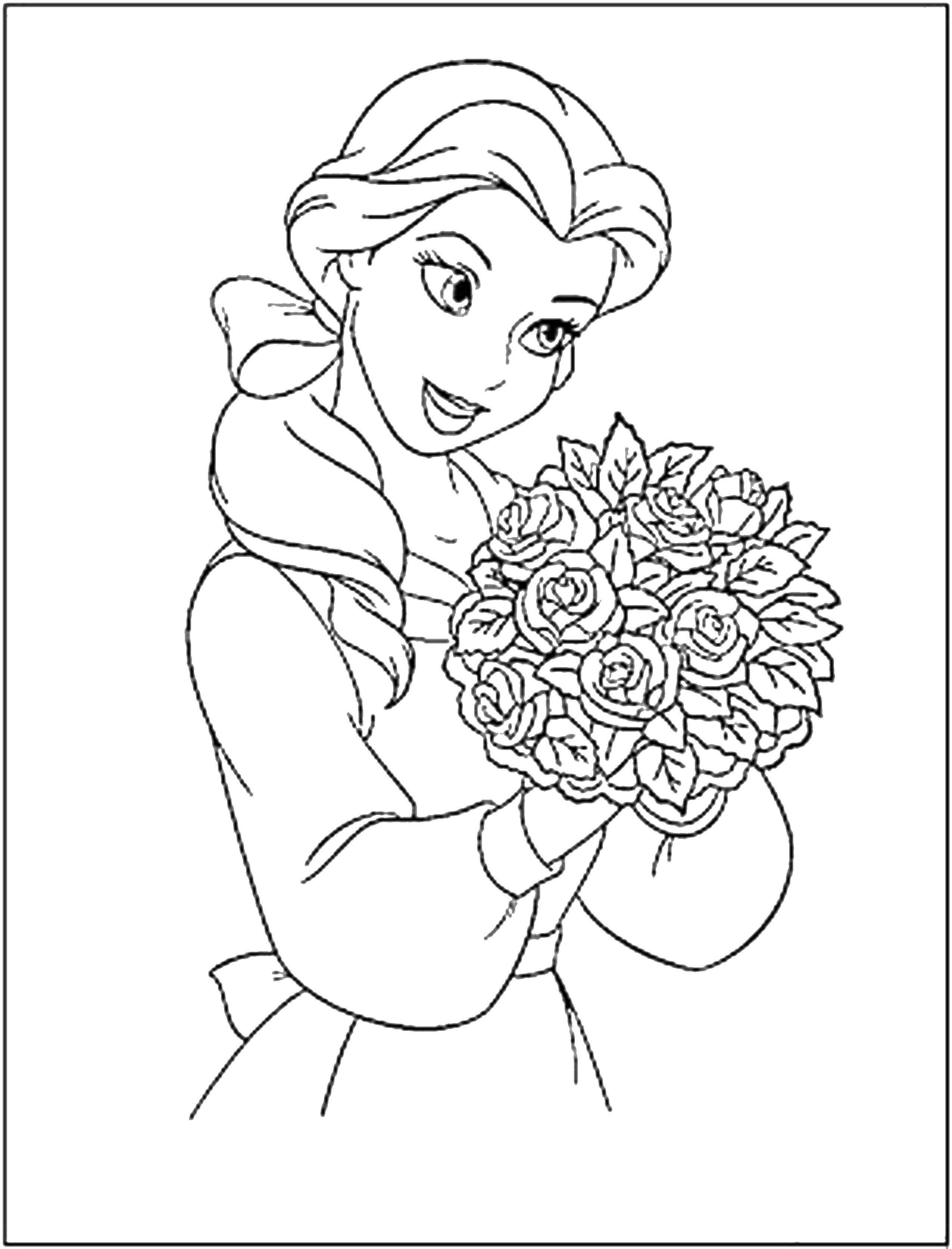 Online coloring pages coloring page a beautiful princess with a bouquet of roses princess download print coloring page