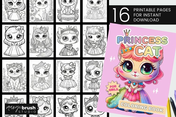Princess cat coloring book printable coloring page bundle