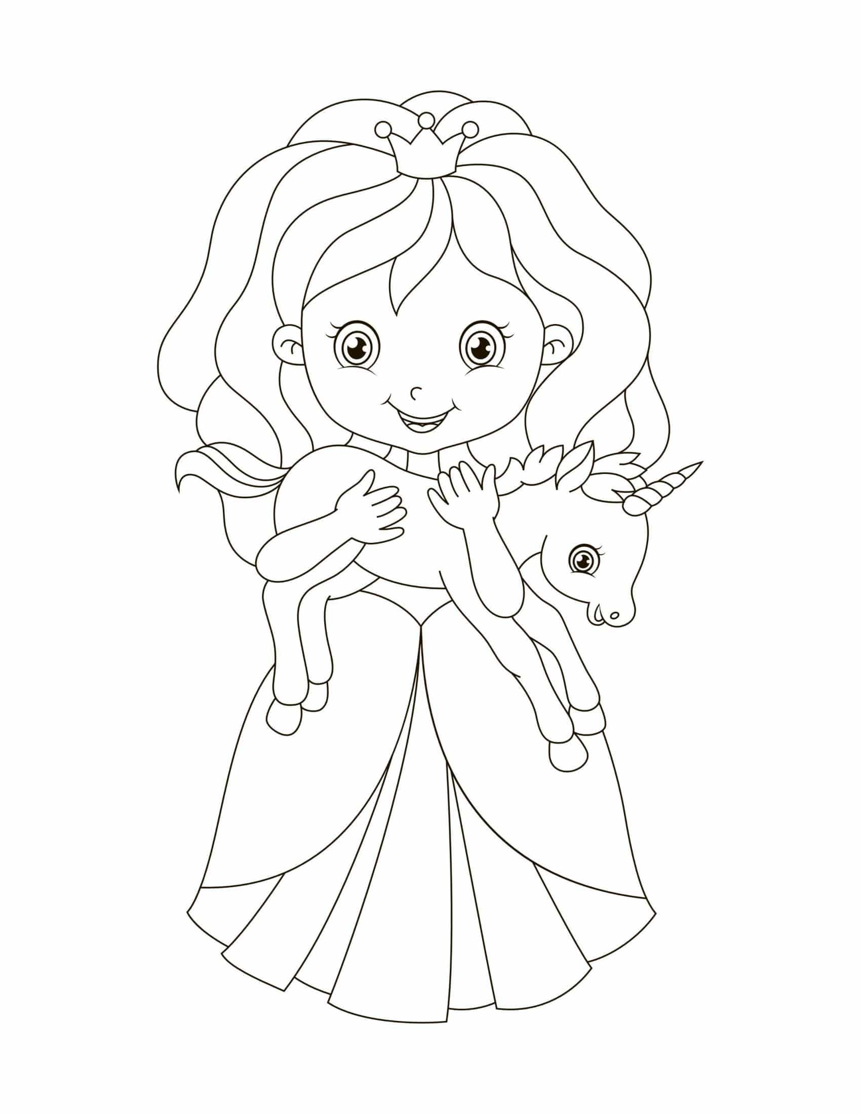 Princess holding a little unicorn coloring page