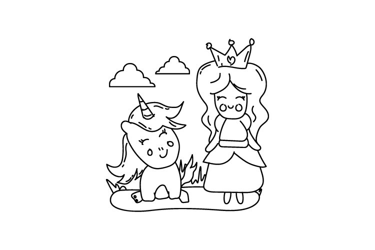 Line art princess and unicorn coloring book