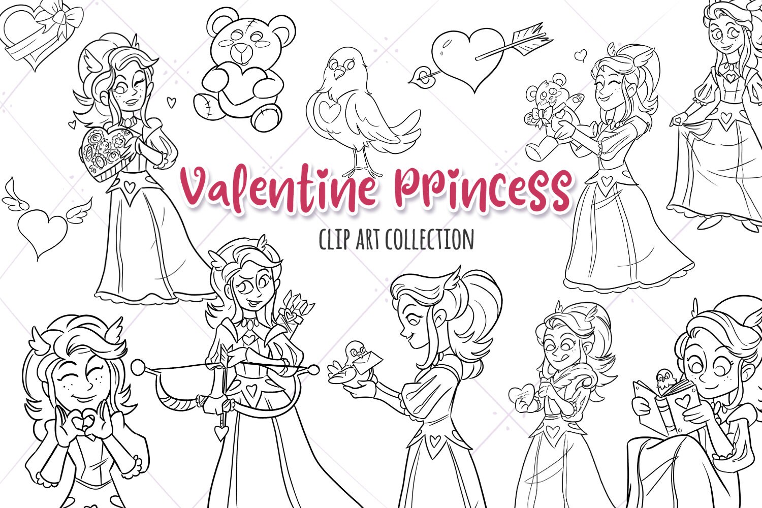 Valentine princess valentines day clip art valentines clipart cupid valentiness day graphics vector valentines day black and white