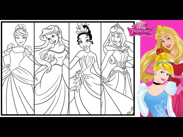 Disney princesses pilation coloring page together cinderella ariel tiana aurora princess coloring