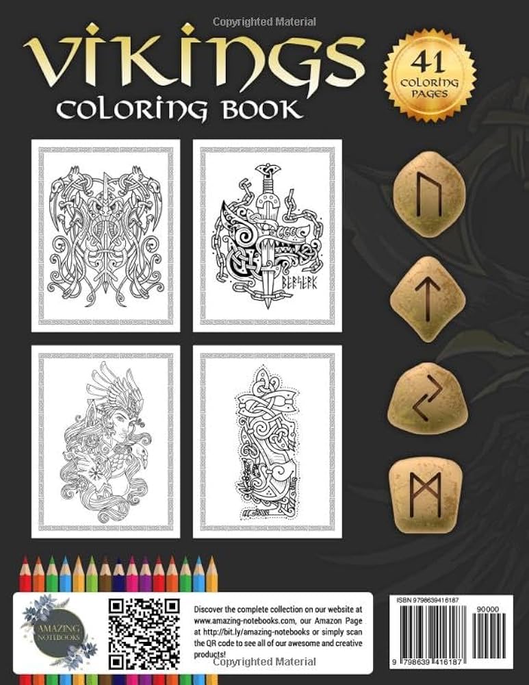 Viking coloring book nordic warriors berserkers valhalla runes spears and shields