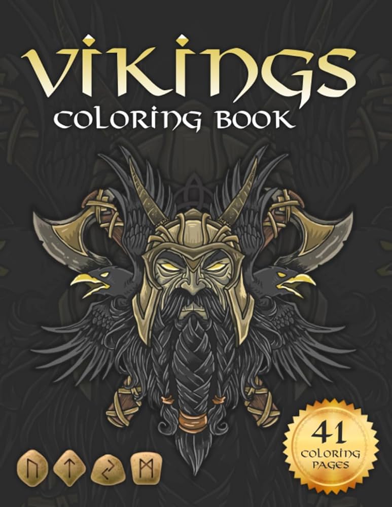 Viking coloring book nordic warriors berserkers valhalla runes spears and shields